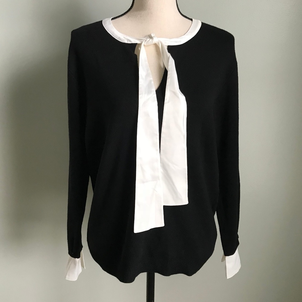 New Love Token Black White Satin Tie Front Sweater